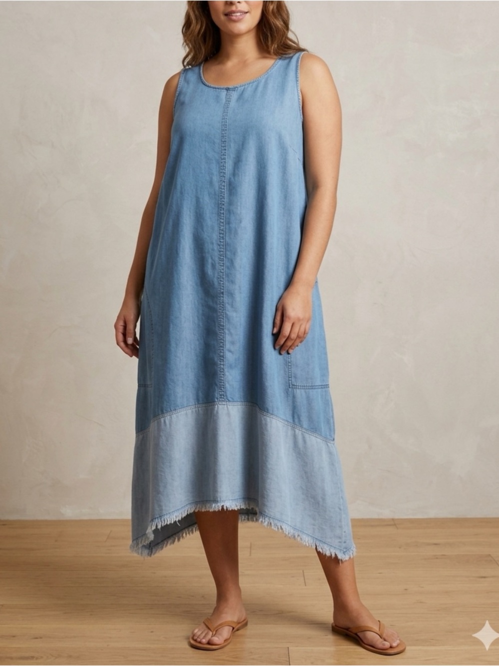 J. Jill Denim Tencel Two-Tone Sleeveless Midi Maxi Dress Raw Hem Blue
